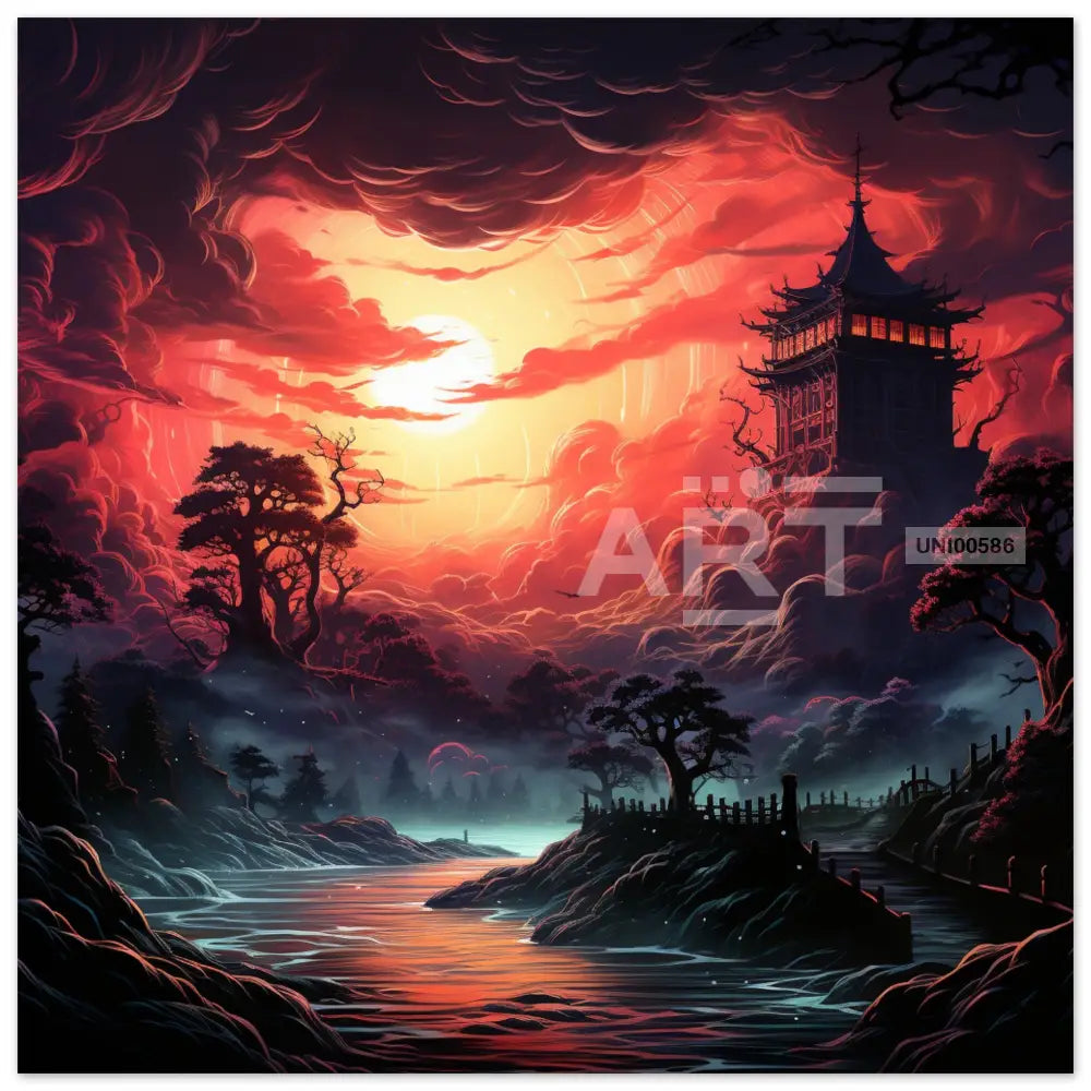 Crimson Dusk: The Pagoda’s Silhouette Square